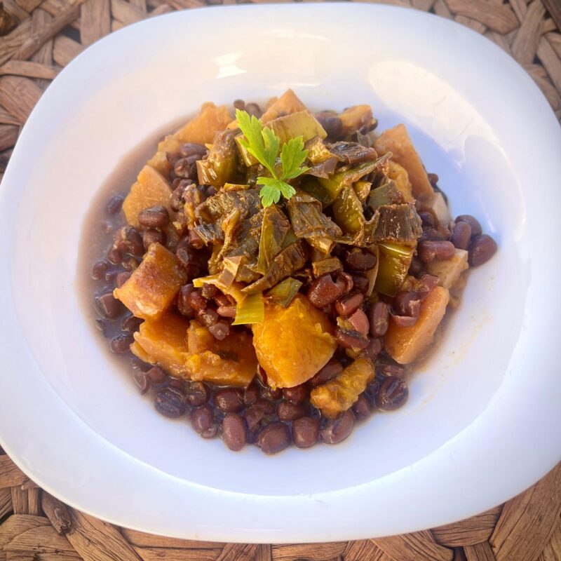 Azukis con calabaza & puerros al miso