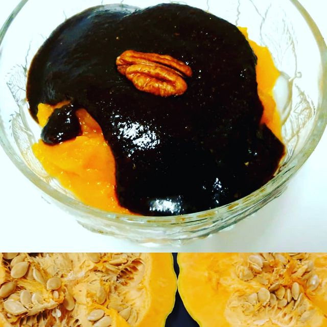 Crema de Cacao con avellanas sobre natillas de Calabaza